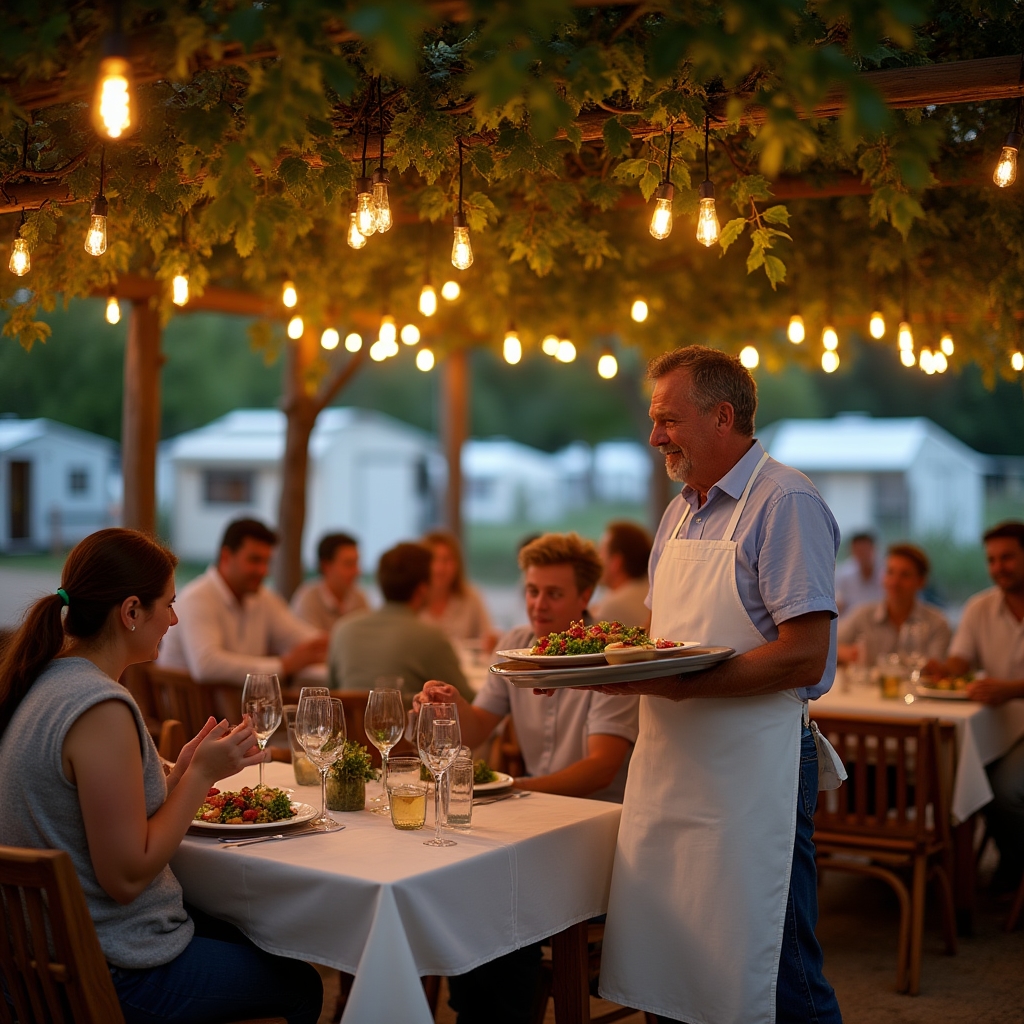 Area ristorazione di un villaggio turistico con ospiti seduti sotto pergola, tavoli all'aperto e menu stagionale esposto