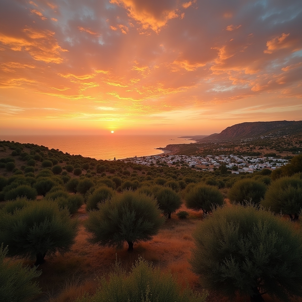Paesaggio naturale italiano con campeggio immerso nella natura, colline toscane al tramonto e strutture ricettive all'aperto