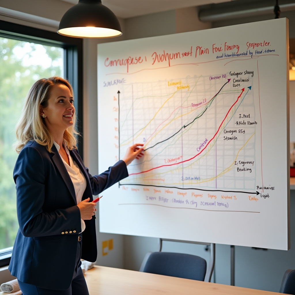 Lavagna con schema di pricing dinamico per campeggio, frecce colorate indicano variazioni tariffarie stagionali in ambiente ufficio