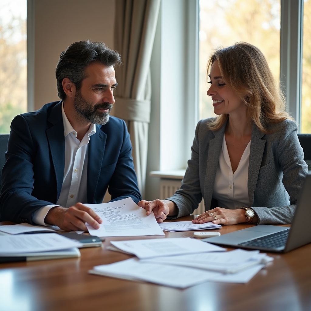 Riunione professionale tra gestore di campeggio e rappresentante di tour operator incoming attorno a tavolo con documenti e contratti